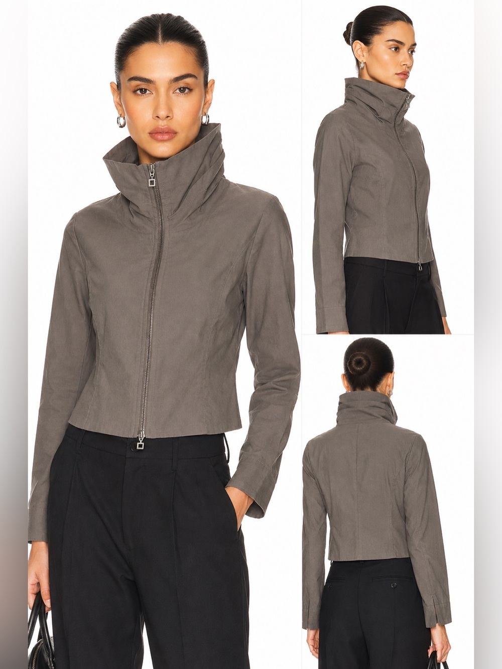 Sarah Pacini linen blend Cropped High Collar Zip Jacket in Taupe Gray